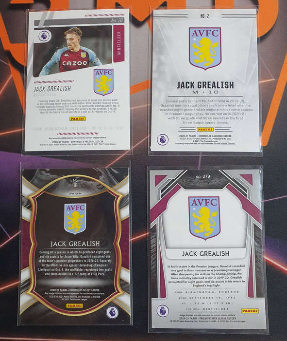 Jack Grealish RARE 2020 BUNDLE of 4 Rare soccer trading cards