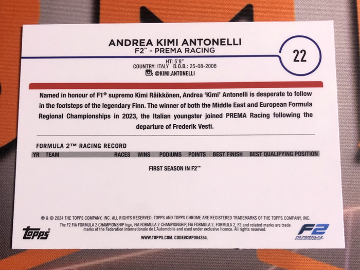 Kimi Antonelli F2 FUTURE STARS Topps Chrome RARE Xfractor Formula One trading card