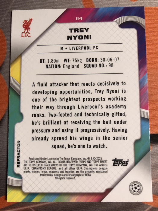 Trey Nyoni Rookie 18 year old REFRACTOR NEW Topps Finest 2025 soccer trading card