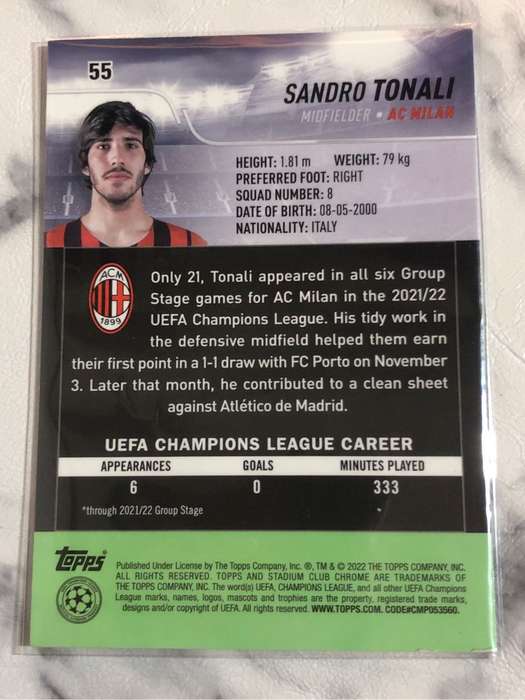 Sandro Tonali Topps Stadium Club Chrome 2022 Soccer trading card