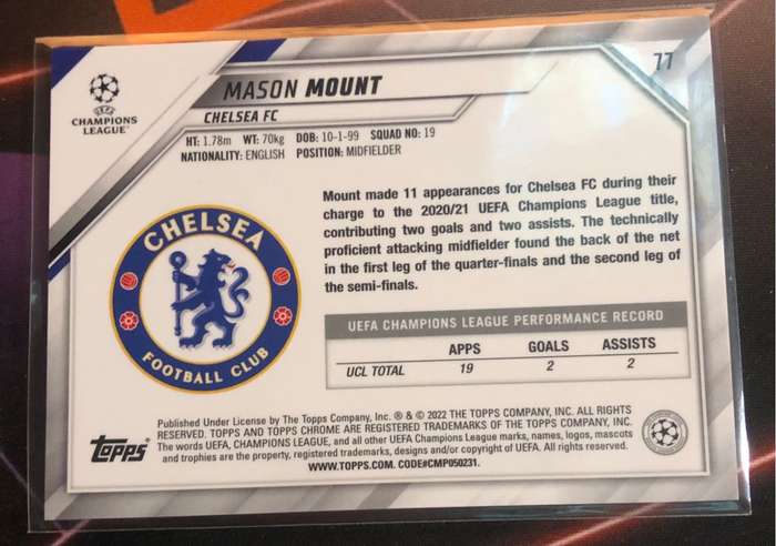Mason Mount SPECKLE Topps Chrome 2022 Soccer trading card