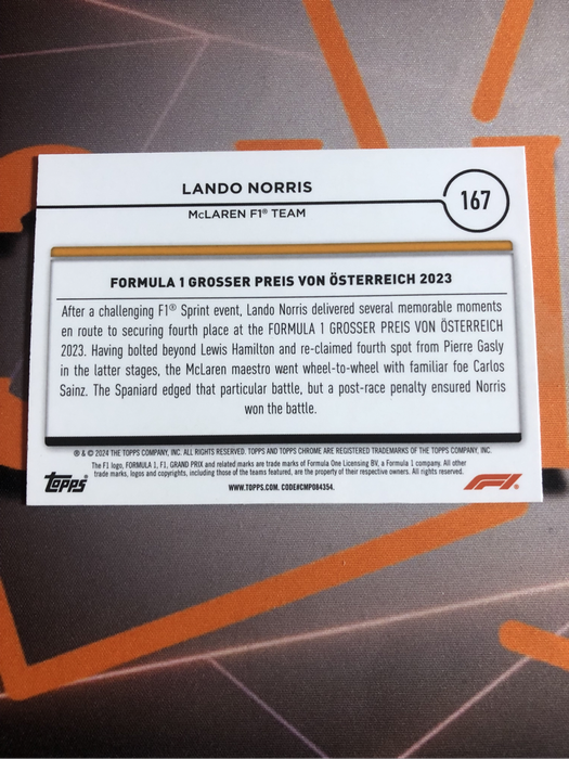 Lando Norris RARE Formula One 2024 F1 Topps Chrome trading card