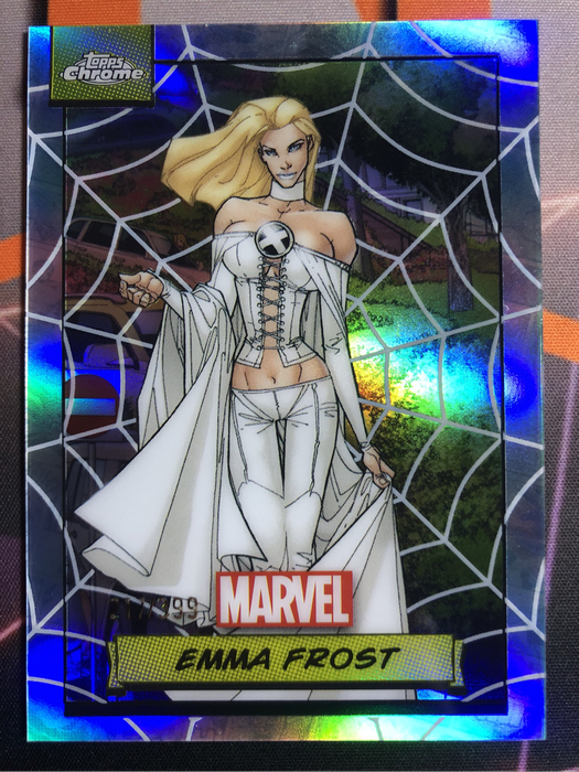 Emma Frost Numbered out of 399 Spiderweb Refracror Topps Chrome 2024 Marvel trading card