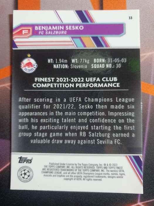 Benjamin Sesko Topps Finest 2023 Soccer trading card