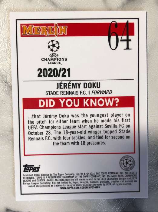 Jeremy Doku ROOKIE Base Topps Merlin 2021 soccer trading card
