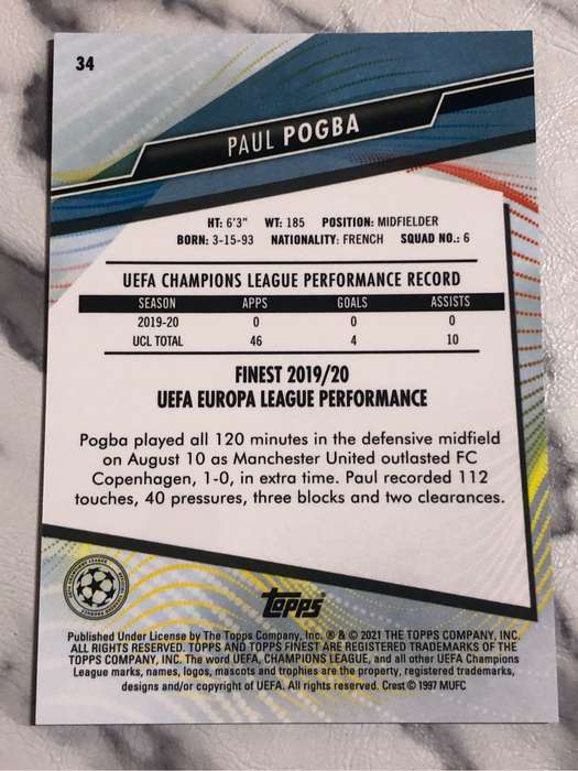 Paul Pogba Topps Finest Man United 2021 Soccer trading card