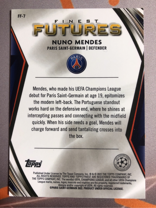 Nuno Mendes RARE Rookie Refractor Topps Finest 2022 soccer trading card