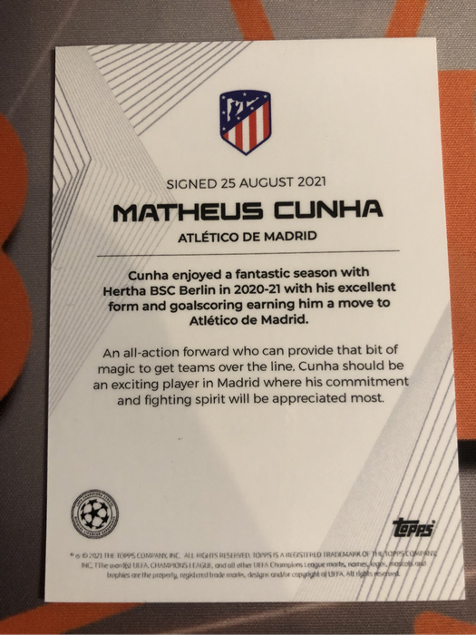 Matheus Cunha NUMBERED out of 10 RED Colour match Soccer trading card