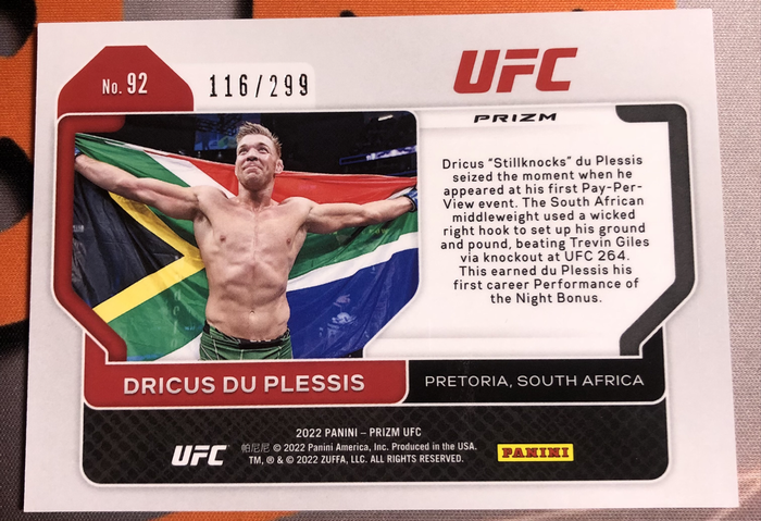 Dricus Du Plesis Rookie NUMBERED out of 299 Topps Chrome 2022 UFC trading card