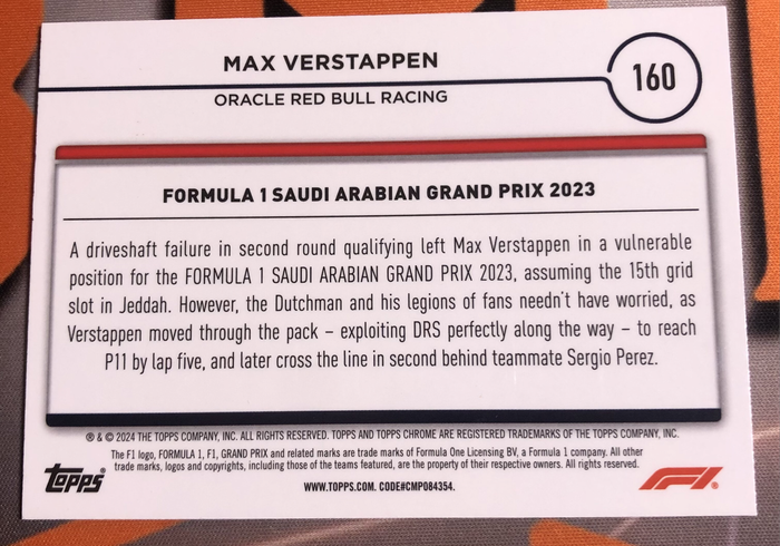 Max Verstappen NUMBERED out of 150 Topps Chrome 2023  Formula One F1 trading card