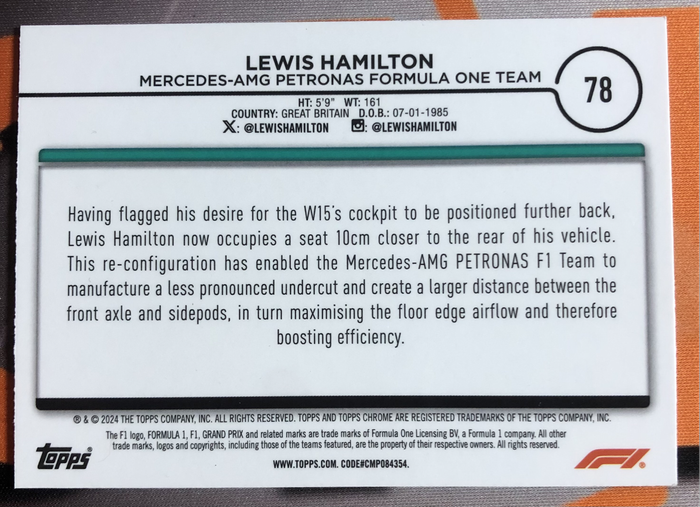 Lewis Hamilton RARE Formula One 2024 F1 Topps Chrome trading card