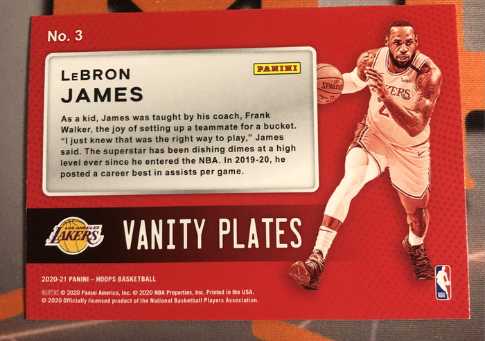 Lebron James vanity plate INSERT 2020 Hoops NBA Basketball trading card