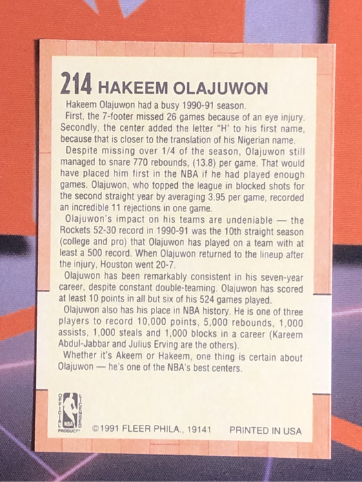 Hakeem Olajuwon RARE Fleer 1991 NBA Basketball trading card