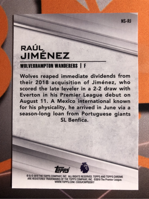 Raul Jimenez REFRACTOR Topps EPL soccer trading card
