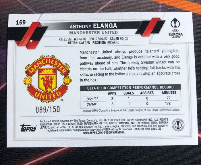 Anthony Elanga NUMBERED out of 150 Manchester United RED Colour match Topps 2023 Soccer trading card