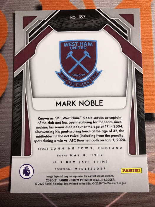 Mark Noble Prizm 2022 soccer trading card