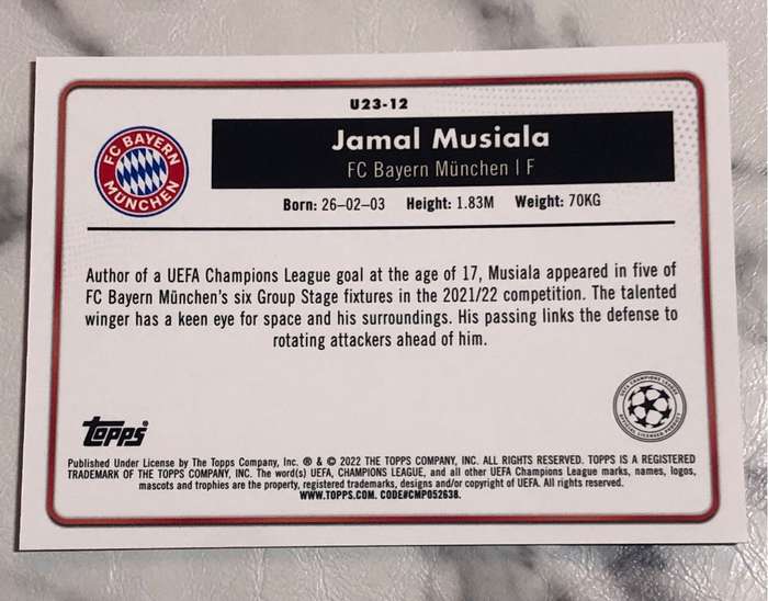 Jamal Musiala Topps Merlin 2022 Under 23 Stars Soccer trading card