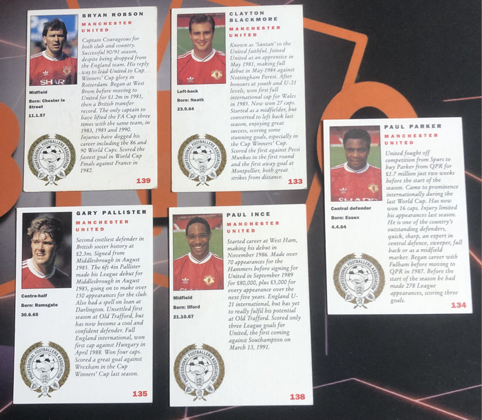 Man United BUNDLE of 5 Panini 1992 Official players collection soccer trading cards