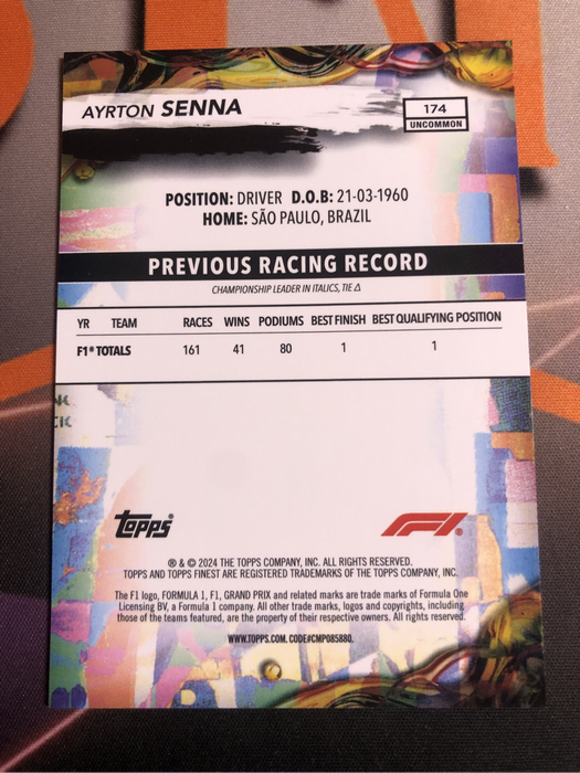 Ayrton Senna Topps Finest 2024 Formula One F1 trading card 