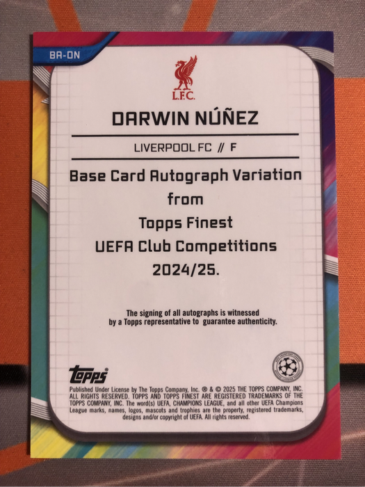 Darwin Nunez NUMBERED 5 of 5 RED Colour match NEW Topps Finest 2025 soccer trading card