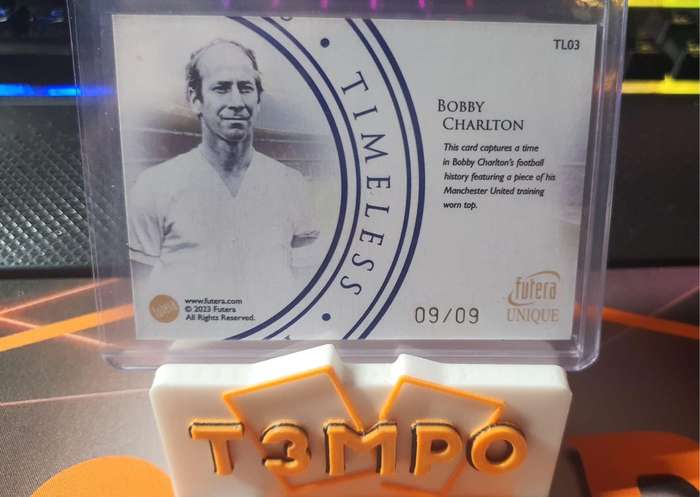 Bobby Charlton NUMBERED 9/9 jersey number match Training Worn patch FUTERA 2023