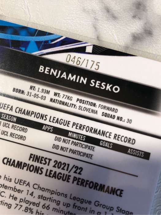 Benjamin Sesko Rookie NUMBERED out of 175 speckle Topps Finest 2022 soccer trading card