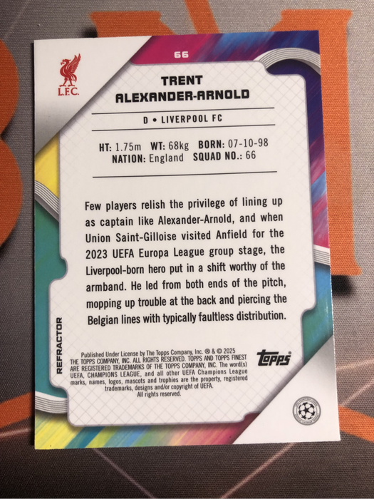 Trent Alexander Arnold REFRACTOR NEW Liverpool Topps Finest 2025 soccer trading card