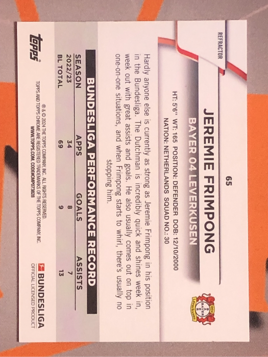 Jeremie Frimpong NUMBERED out of 399 Topps Chrome soccer trading card