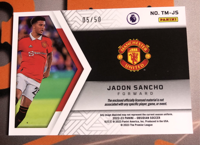 Jadon Sancho Triple patch NUMBERED out of 50 patch 2022 soccer trading card