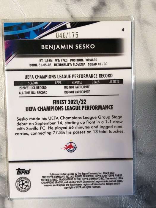 Benjamin Sesko Rookie NUMBERED out of 175 speckle Topps Finest 2022 soccer trading card