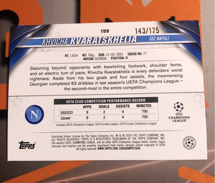 Khvicha Kvaratskhela NUMBERED out of 175 Colour match Topps 2024 soccer trading card