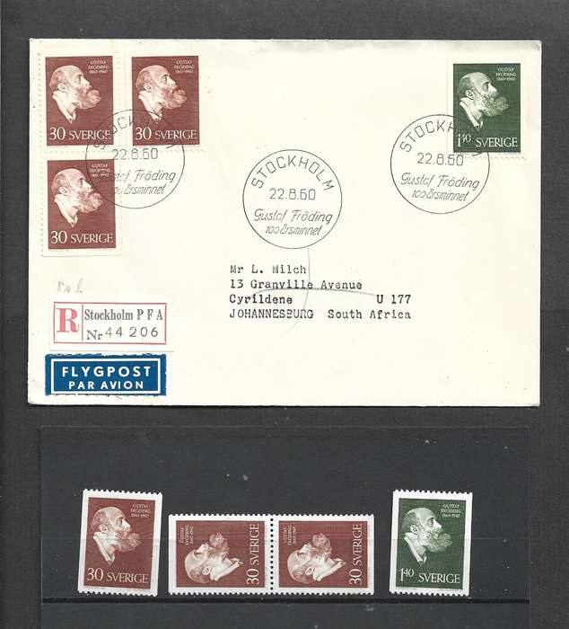 Sweden, registered air, Gustaf Froding (poet)STOCKHOLM 22.8.60 c.d.s. (1st day)> Johannesburg