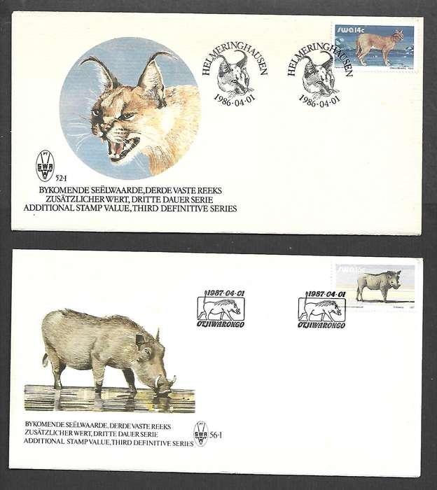 South West Africa, new definitives, 1986 14c caracal cat, 1987 16c warthog First Day Covers