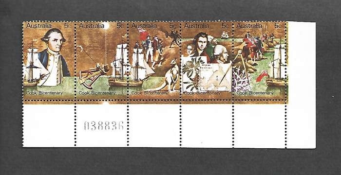 Australia 1970, Captain Cook, Bicentenary, se-tenant strip of 5, MNH **