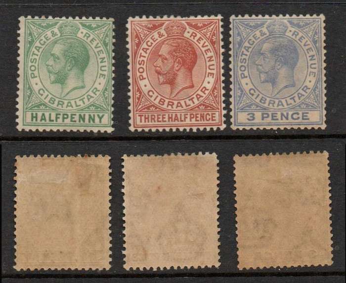 Gibraltar, GVR, 1921> 1/2d, 1 1/2d, 3d, MH*, gum tone
