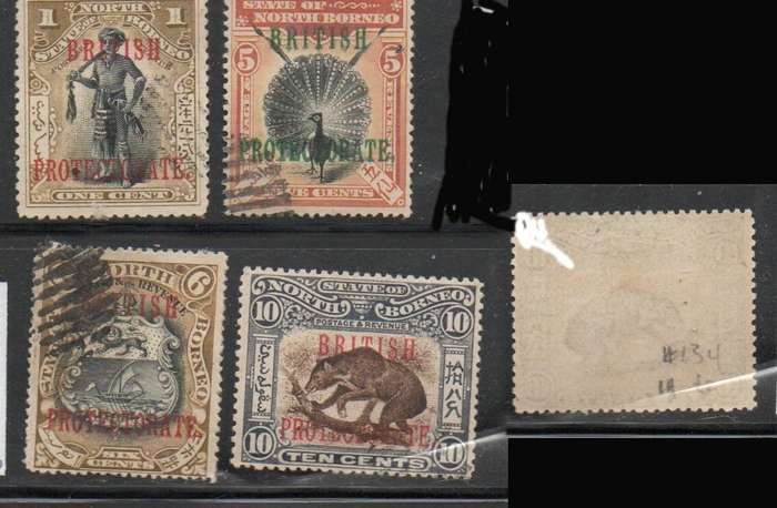 North Borneo, 1901, BRITISH PROTECTORATE opt, 1c, 5c, 6c remainders barred cancels, 10c MH *