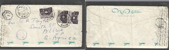 Egypt, 1961, Nile Hilton envelope, 90m, CAIRO > S. Africa, censor label & 3 cachet in Arabic