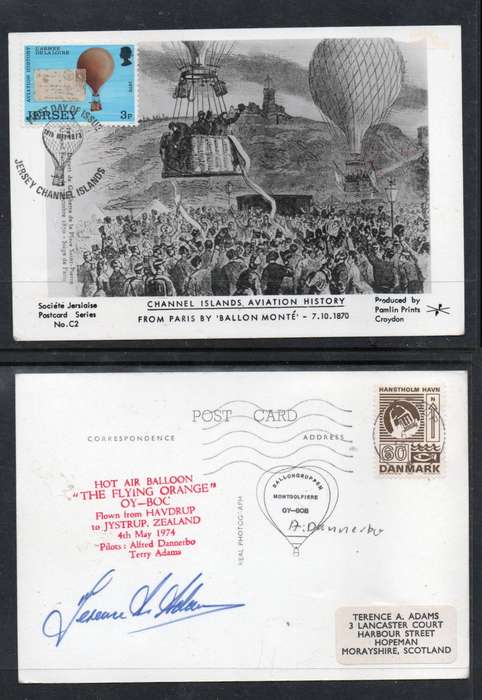 Denmark, balloon flight HAVDRUP to JYSTRUP, 4 MAY 1974 on Jersey FDI post card, signed by pilots
