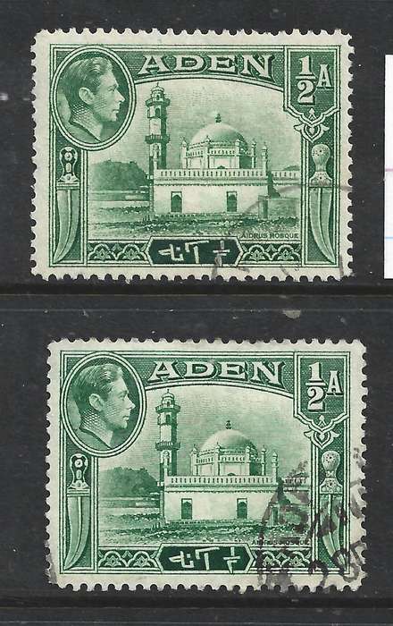 Aden GVIR, 1939, 1/2 anna yellowish green, 1948 1/2a bluish green used