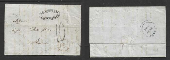 Egypt, 1854, entire, m/s 10,  cachet G.SINADINO & Co ALEXANDRIE, ALEXANDRIA c.d.s.> MARSEILLES,