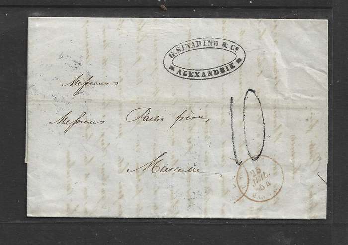 Egypt, 1854, entire, m/s 10,  cachet G.SINADINO & Co ALEXANDRIE, ALEXANDRIA c.d.s.> MARSEILLES,