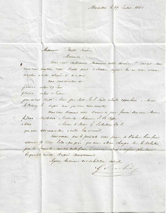 Egypt, 1854, entire, m/s 10,  cachet G.SINADINO & Co ALEXANDRIE, ALEXANDRIA c.d.s.> MARSEILLES,