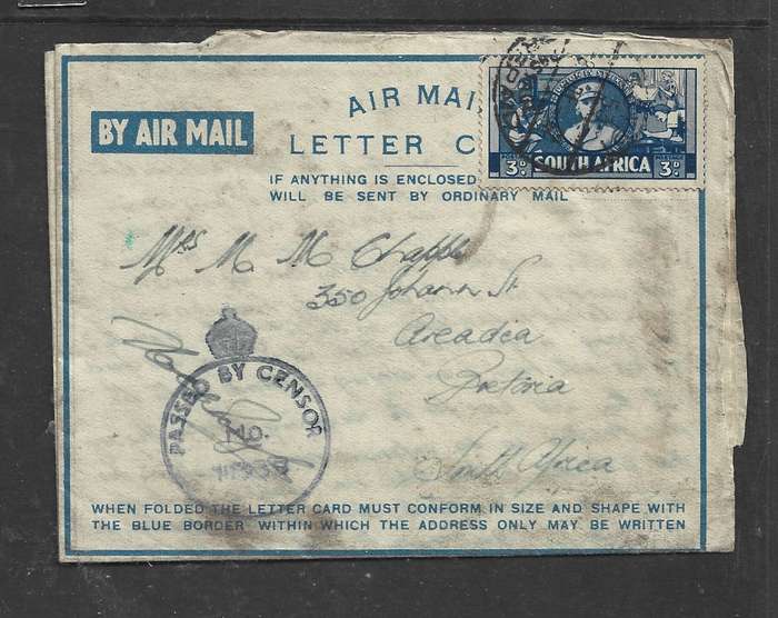 Egypt, 1942, S. Africa 3d, large war, EGYPT 53 POSTAGE PREPAID  > S. Africa , Crowned Censor