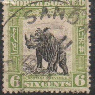 North Borneo, 1909, 6 cents, apple green, rhinoceros, used