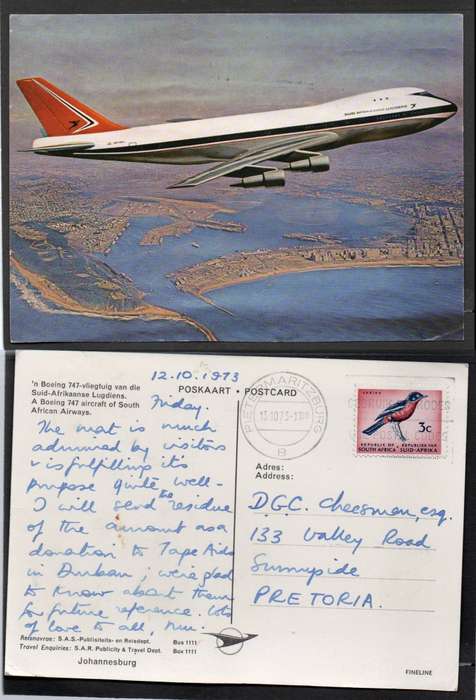 South African Airways Boeing 747 in flight, used 3c, PIETERMARITZBURG 13.10.73 cds > Pretoria,