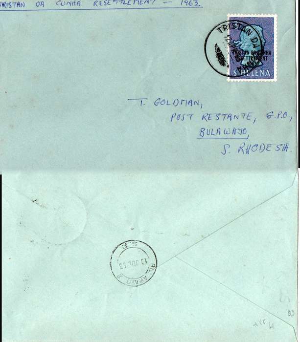 Tristan da Cunha, Resettlement 1963, 3d, TRISTAN DA CUNHA 12 APR 63 cds > BULAWAYO S.R.