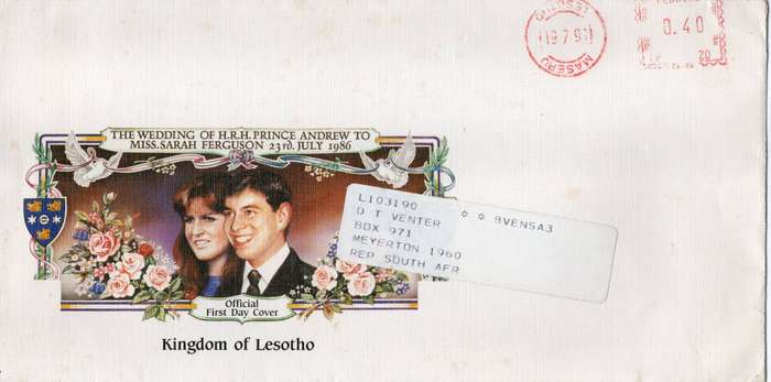 Lesotho, Andrew and Sarah royal wedding envelope, meter franked 0.40 MASERU LESOTHO > Meyerton S,A,