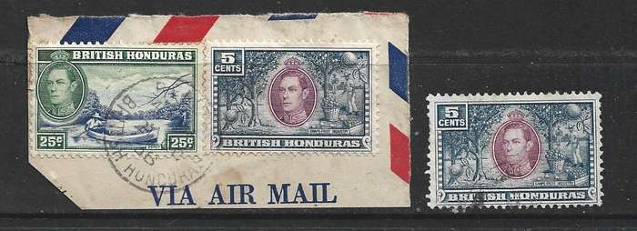 British Honduras, GVIR, 1938 25c, 5c, used on fragment