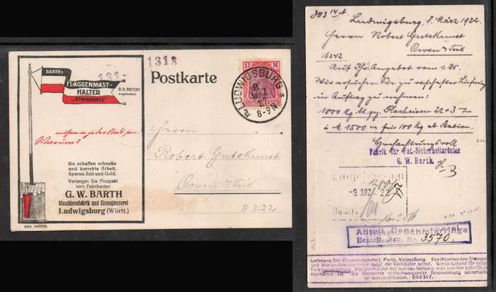 Germany Card for flag maker, 1 1/4DMk Germania, LUDWIGSBURG 8 MRZ 22 cds, domestic