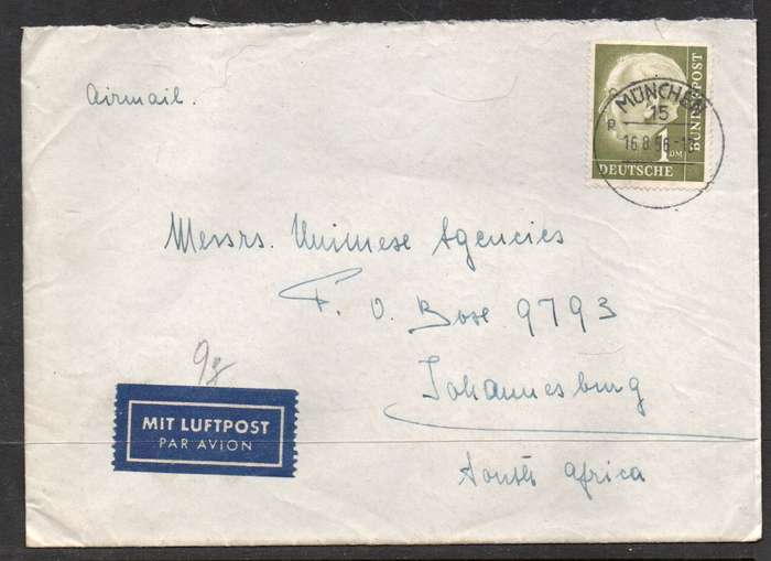 West Germany, Dr Heuss, 1 DM, on cover MUNCHEN 16.8.56 cds > South Africa , Air Mail